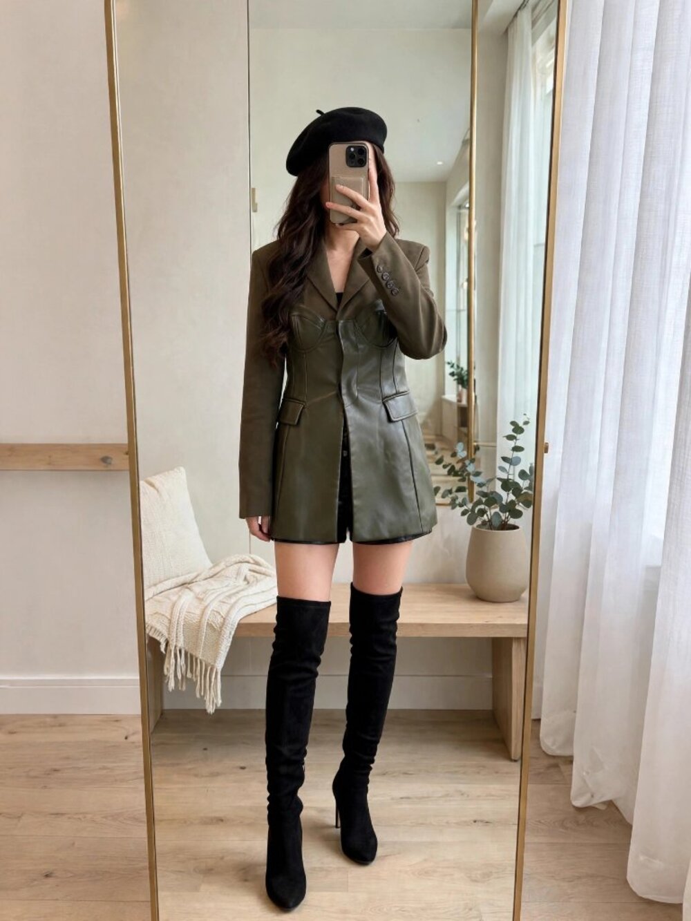 Olive Corset Blazer Dress Faux Leather Bustier Panel Statement S